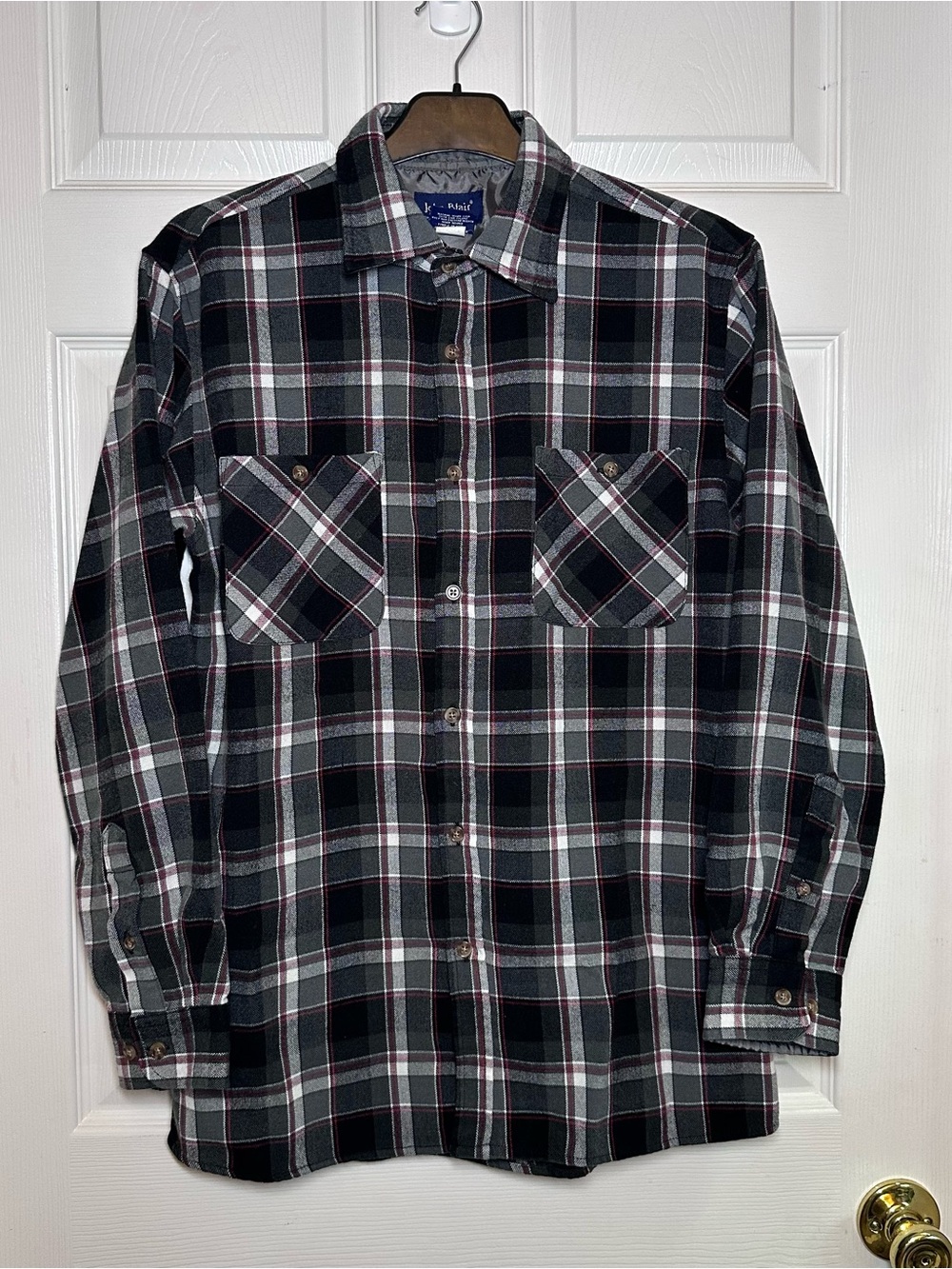 John Blair Shirt Men's Small Black & Gray Plaid Flannel Button Up Outdoor Hiking